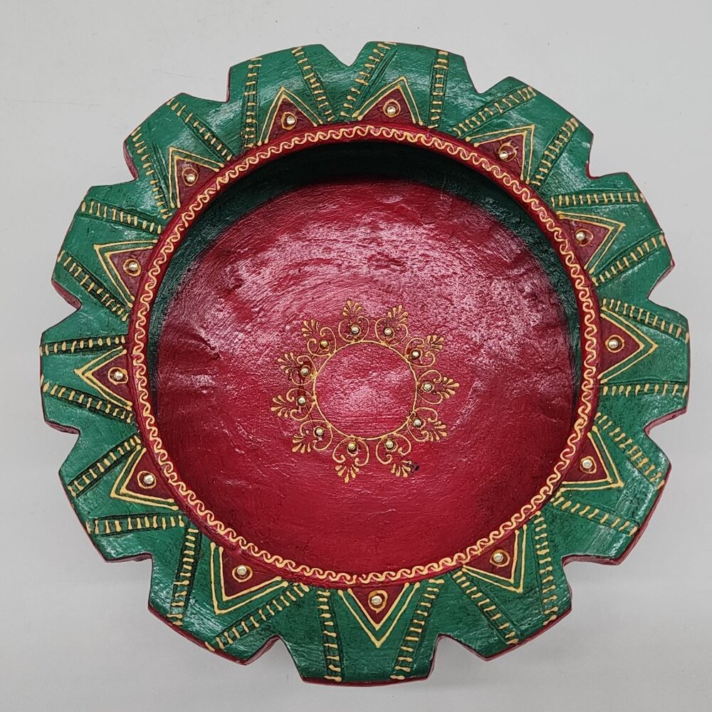 Indian Terracotta Uruli Bowl Emerald Green Colorful Jeweled Bohemian Decor 9" Bo - Picture 12 of 12